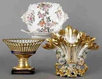 Paris porcelain spill vase together with a footed basket and two platters