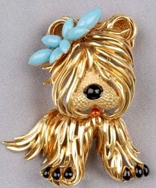 Enamel and Turquoise Puppy Brooch - French hallmarks